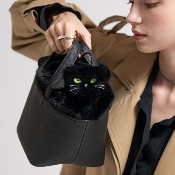 ねこモチーフ 本革 ファー ハンドバッグ